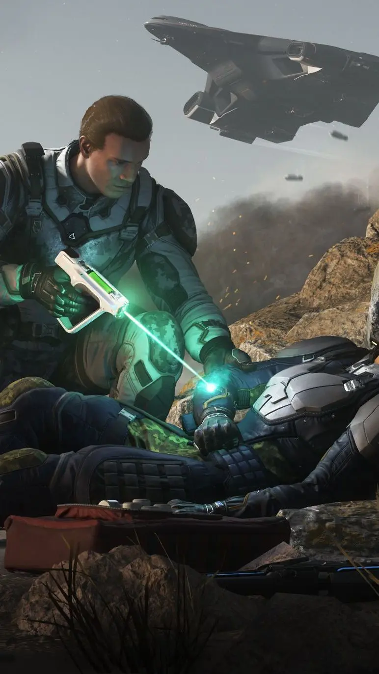 star-citizen-medic Médecin de combat soignant un joueur dans Star Citizen